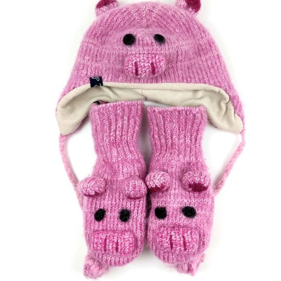 Yetilang Piglet Wool Mohair  Knitted Winter Hat and Mittens Set - Picture 4 of 16